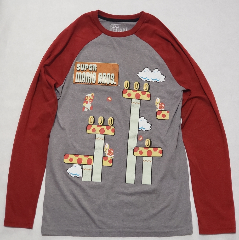 Super Mario Bros Red Grey Long Sleeve Tee Size S
